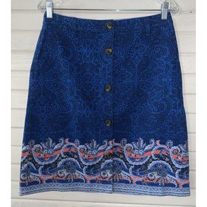 Lands End Sz 4 Paisley Skirt A-Line Button Front Knee Length Cotton Stretch EUC